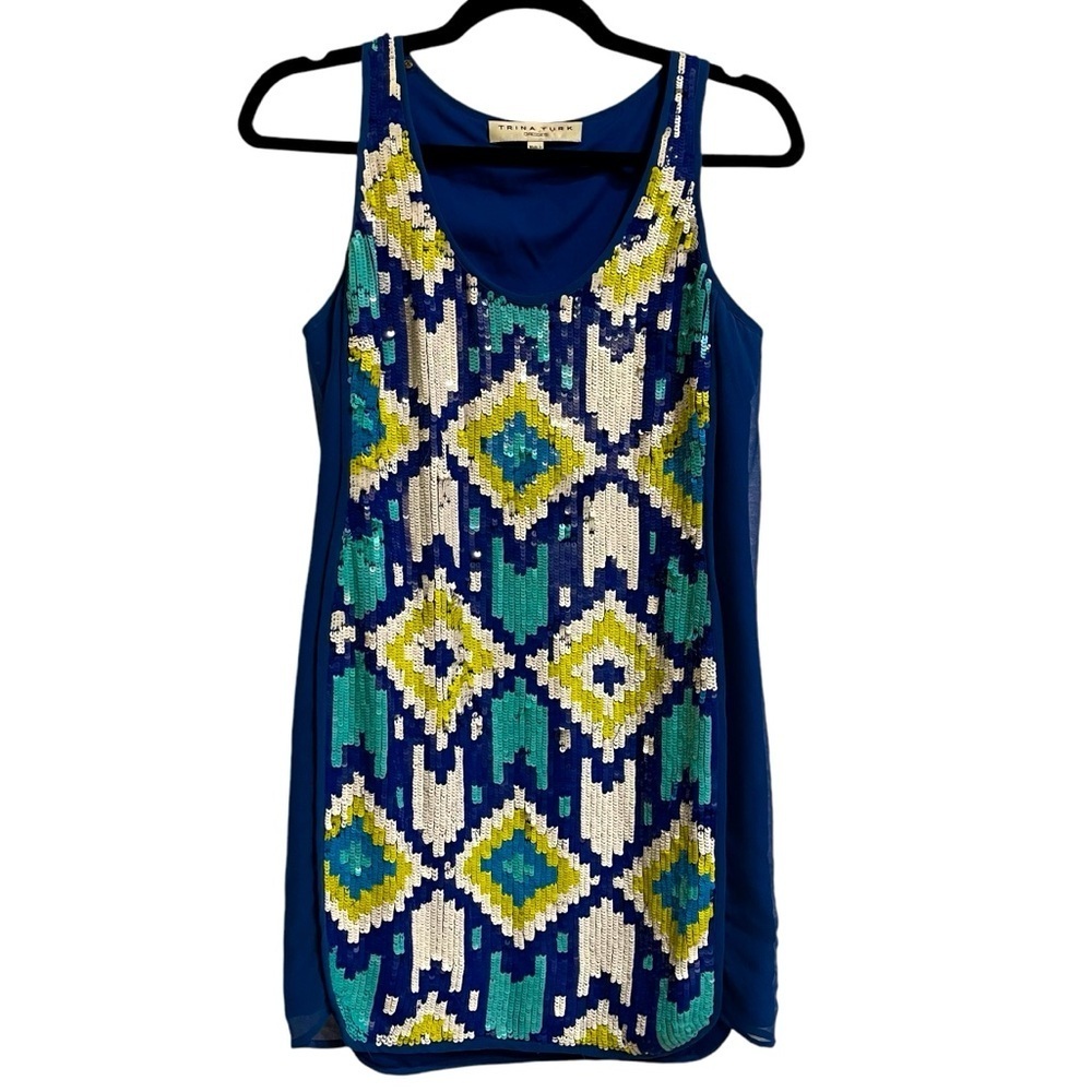 Trina Turk Geometric Sequin Mini Dress Cocktail Sleeveless Tribal Aztec Size 0